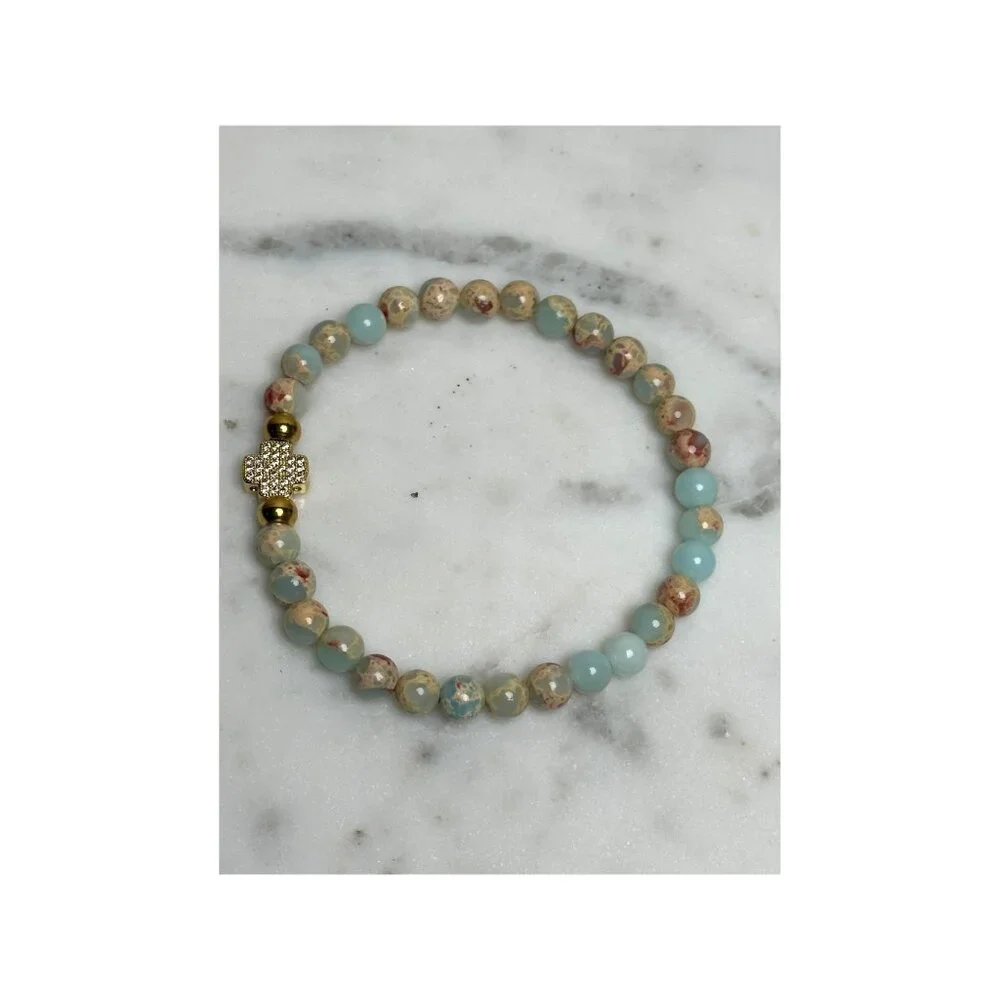 Handmade Aqua Terra Jasper Beaded Stretch Bracelet with Gold-Plated Cross Charm